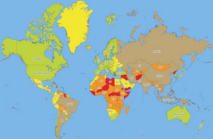 What Color Is Found Most On A World Map This Color Map Reveals the World's Most and Least Dangerous 