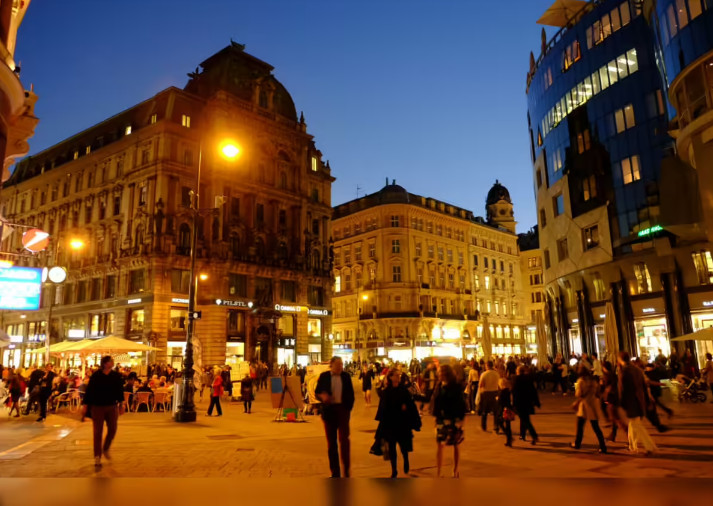 Vienna city center at night with safe, well-lit streets and tourists walking comfortably in 2025